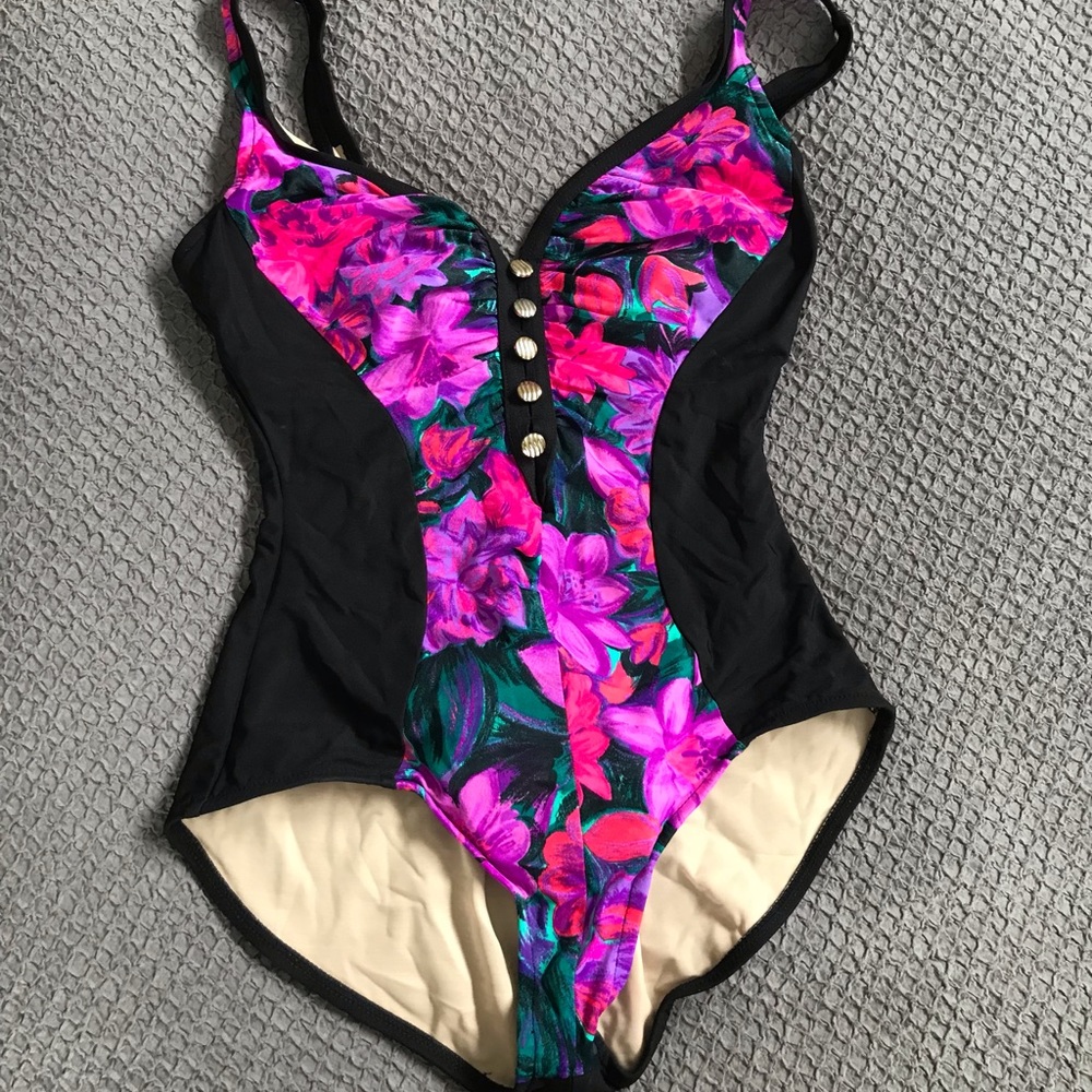 Vintage Black and Pink Floral One Piece Swimsuit